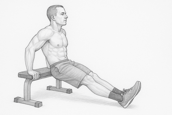 A pencil sketch of a muscular man performing a bench dip. He is seated on the edge of a workout bench, gripping the sides with his arms extended behind him. His legs are straight out in front, heels on the ground, and his torso is upright. The background is blank, keeping focus on the figure and the bench.