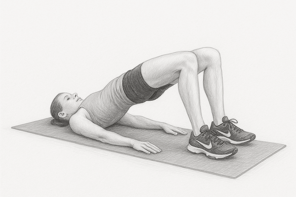 Pencil style drawing of a woman performing a hip raise exercise.