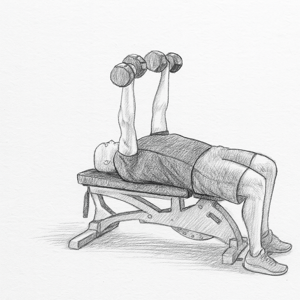 Pencil drawing of a man performing alternating dumbbell bench press exercise.