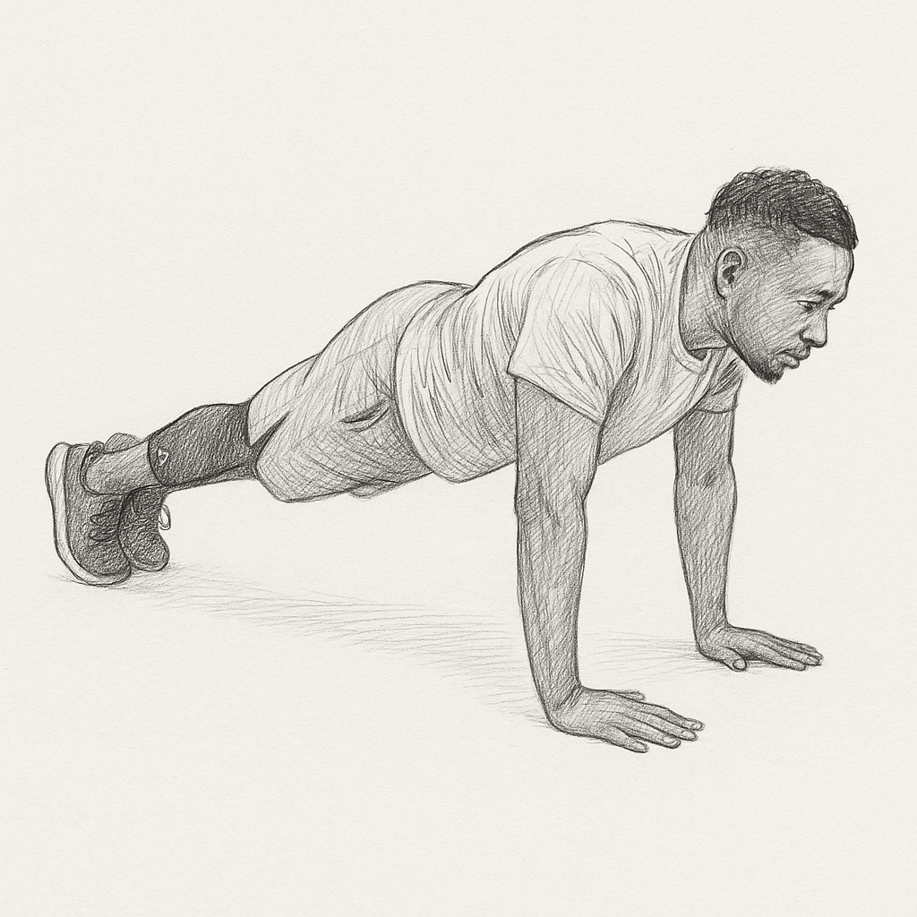 Pencil drawing of a man in plank position at the start of a push up exercise.