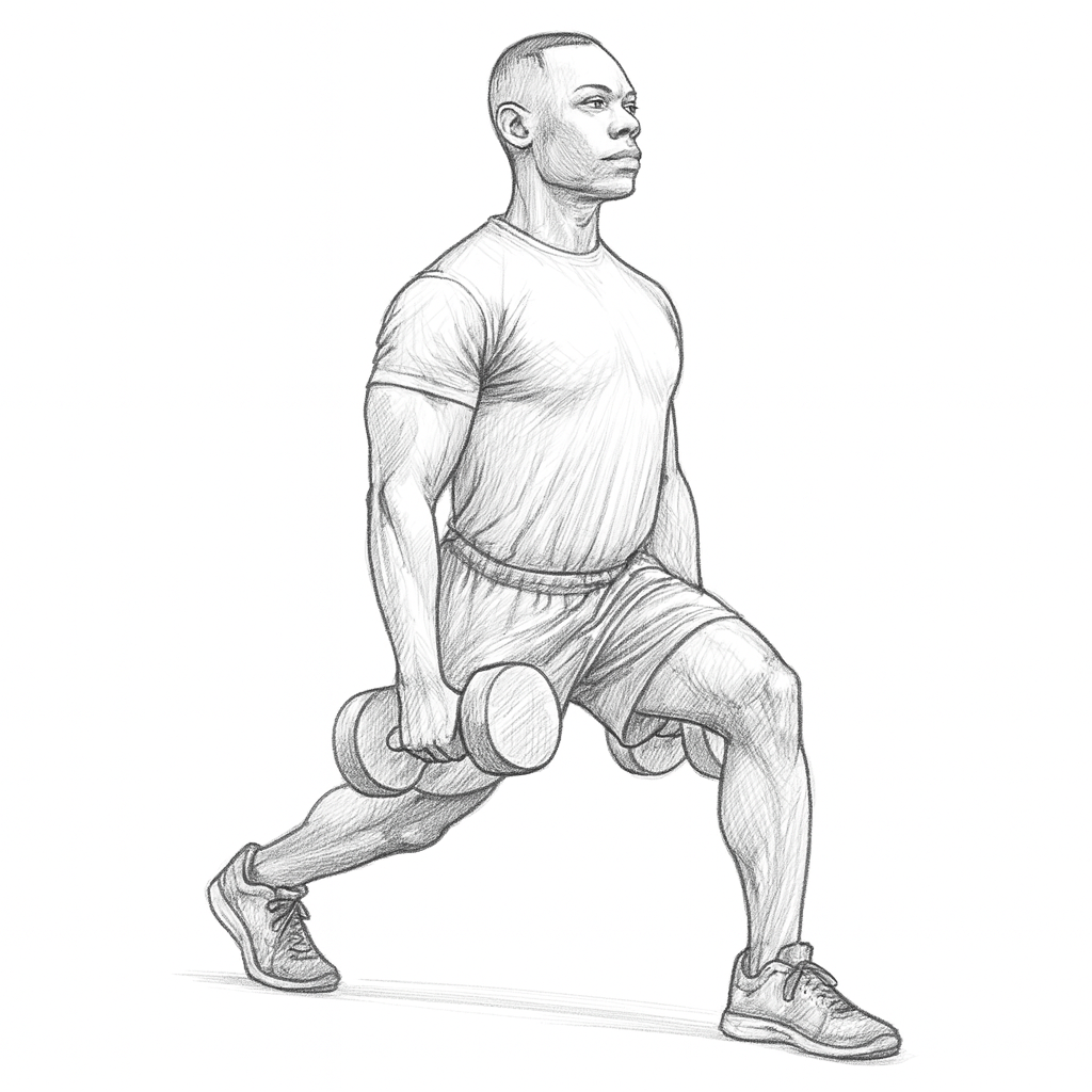 A man performing a split squat while holding a dumbbell in each hand at his sides, with one leg stepped forward and the other extended back, maintaining an upright posture.