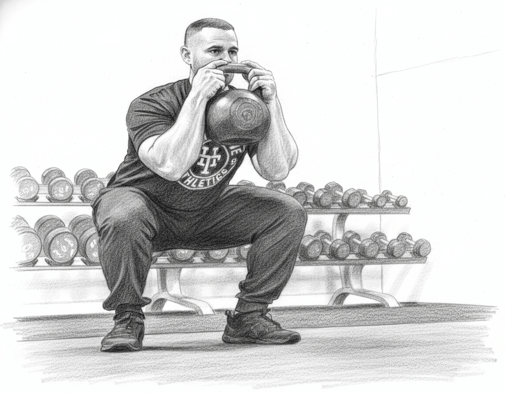 Illustration of a man holding a kettlebell while performing a goblet squat exercise.